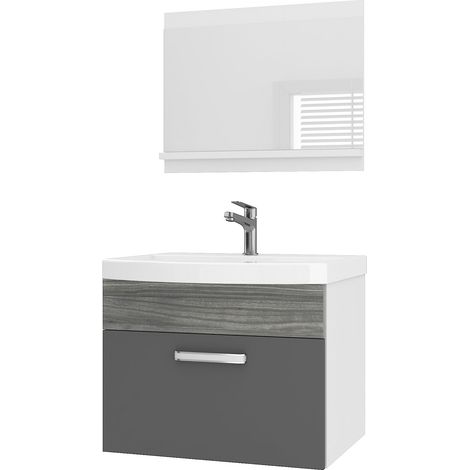 BELINI Meuble de Salle de Bain PRI PM1 60 cm - Meuble avec Vasque Céramique + Miroir avec Étagère - Suspendu - Gris / Bois Glamour (1/5)