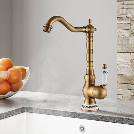 Rétro Sculpté Robinet D'évier de Cuisine,Cuisine Familiale Moderne et Salle de Bains, Robinet Mitigeur Cuivre Antique de à Levier Lavabo Robinets de Lavabo Avec Bec Pivotant (1/5)
