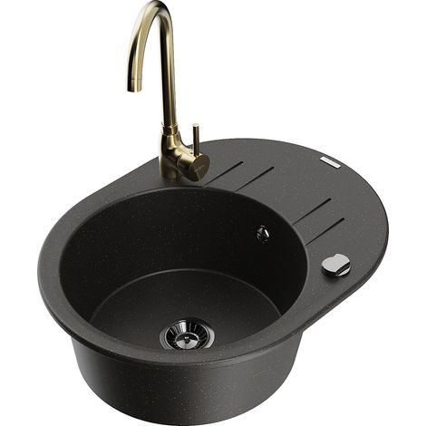 Mexen Kevin lavello in granito a 1 vasca con scolapiatti e rubinetto da cucina Telma, nero/oro metallico - 6517-75-670200-50-B (1/5)