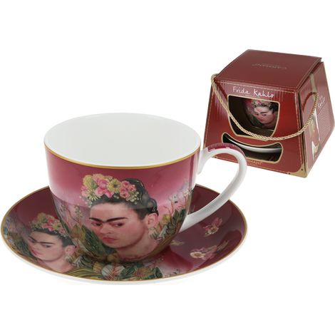 Tazza da colazione con piattino e ritratto di Frida Kahlo, decorazione in porcellana (1/4)