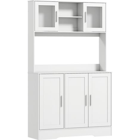 Mobile Dispensa 108x35x180 cm con 4 Armadietti 2 Ripiani Aperti e Piano da Lavoro in Legno e Vetro Bianco (1/5)
