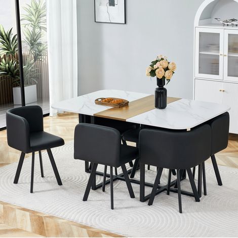 Set da pranzo allungabile per 4 6 persone, sedie riponibili sotto il tavolo, MDF, metallo, nero, legno naturale e bianco (1/5)