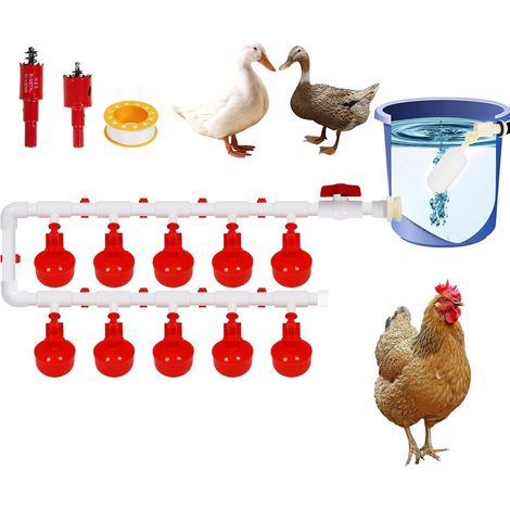 Système d'abreuvoir Automatique pour Poules et Poulets - Kit Complet avec 10 abreuvoirs, tuyaux PVC et Robinet à Flotteur - Mangeoire Automatique pour volaille (Seau Non Inclus) (1/5)
