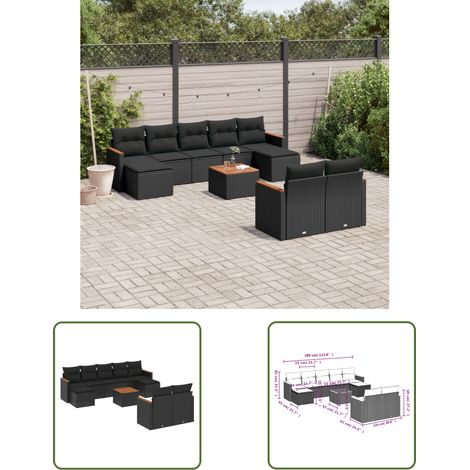 The Living Store 10-tlg. Garten-Sofagarnitur mit Kissen Schwarz Poly Rattan - Gartenmöbel Set - Gartensorte - Outdoor Möbel - Lounge Sofa - Esstisch (1/3)