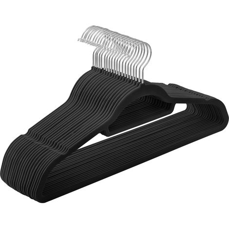 Cintre en Velours, Lot de 20, Antiglisse, avec Barre à Cravate et Crochet Pivotant à 360°, Épaisseur 0,6 cm, Gain de Place, Longueur 43,5 cm, pour Manteau, Robe, Pantalon, Noir CRF20B (1/5)