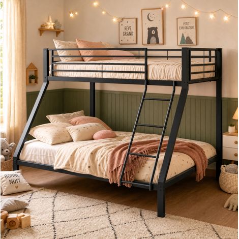 Letto a castello 90x200 / 140x200 cm nero in metallo con scala reversibile e protezione anticaduta (1/5)