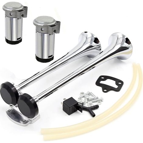 Klaxon de voiture Klaxon d'air argent 165DB Klaxon de camion 12V Klaxon double tube Zinc chrome Deux pompes à air haut-parleur de voiture Car Horn pour 12V bateau yacht RV vans ect (1/5)