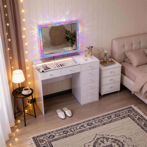 FENCHILIN Coiffeuse avec éclairage LED, luminosité réglable, 8 tiroirs, 120 x 81 x 55 cm,miroir de courtoisie inclus, blanc