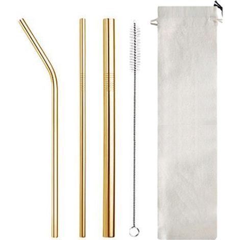 3 Pailles, courtes et fines, acier inoxydable, goupillon inclus, pochette tissu, pour cocktails et enfants (1/5)
