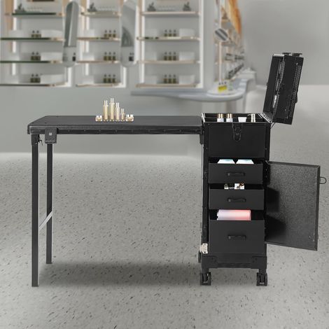 Trousse de maquillage professionnelle avec table, miroir LED et 3 tiroirs, table de manucure pour manucure, capacité de charge totale de 50 kg, couleur noire (1/5)