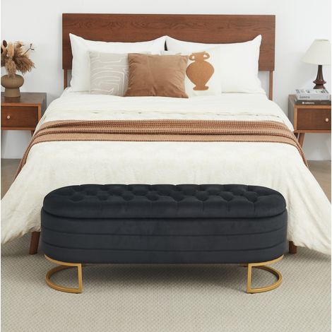 Panca contenitore 121/41/31 cm in velluto nero con gambe color oro (1/5)