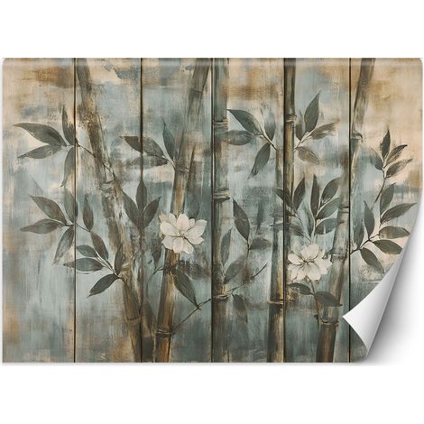 Papier peint pousses de bambou avec fleurs sur fond texturé 400x280 (1/5)