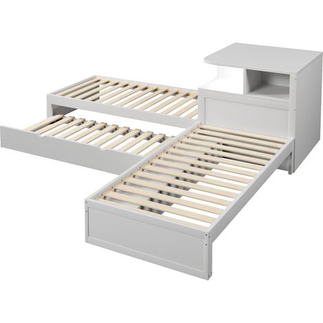 Cama plataforma en L 90 x 200 cm con cama nido y almacenaje con puertas correderas, blanca (1/5)
