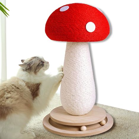 Kratzbaum für Katzen in Pilzform, aus natürlichem Manila-Hanf, mit schwerem Sockel und interaktivem Ball – Ideal für Kätzchen bis erwachsene Katzen – Perfekte Wahl für Indoor-Katzen (Rot, Groß, 21 Zol