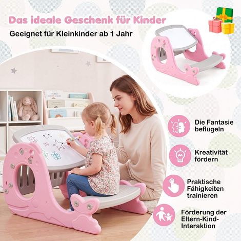 Kids Activity Table with Bench & Adjustable Easel - Pink (1/4)