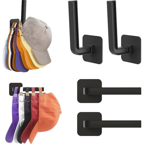 Porte-chapeaux pour rangement de chapeaux (4-Pack) Crochets à chapeaux adhésifs pour rangement mural de chapeaux, noir (1/5)