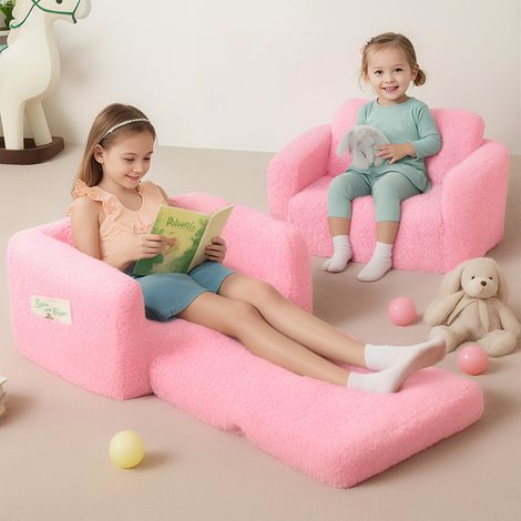2-in-1 Kinderschlafsofa Sessel, faltbares Kindersofa Kindercouch 
 für Schlafzimmer und Spielzimmer 112x44x29cm– Rosa