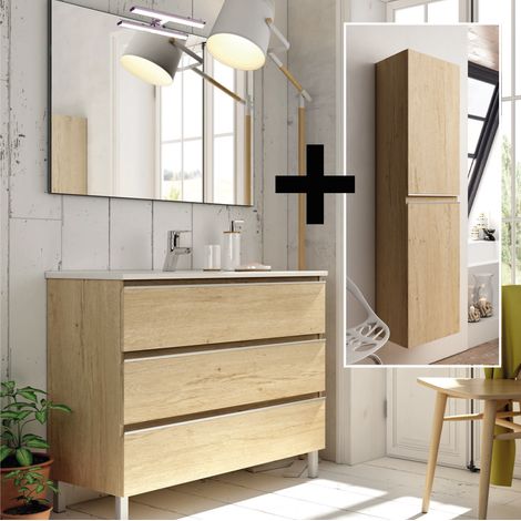 Ensemble meuble de salle de bain 80cm simple vasque + colonne de rangement - bambou (chêne clair) - PALMA (1/5)