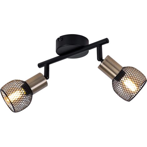 Plafoniera, lampada da soggiorno, faretto da soffitto, moderna barra spot, paralumi a griglia, metallo, oro nero, 2x attacco E14, LxPxA 22x8x14 cm