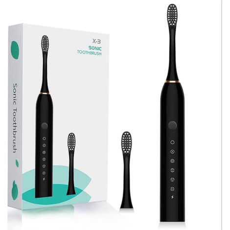 Brosse à dents électrique 6 vitesses, rechargeable par USB, étanche, avec 4 têtes de brosse pour adultes et enfants, noire (1/5)