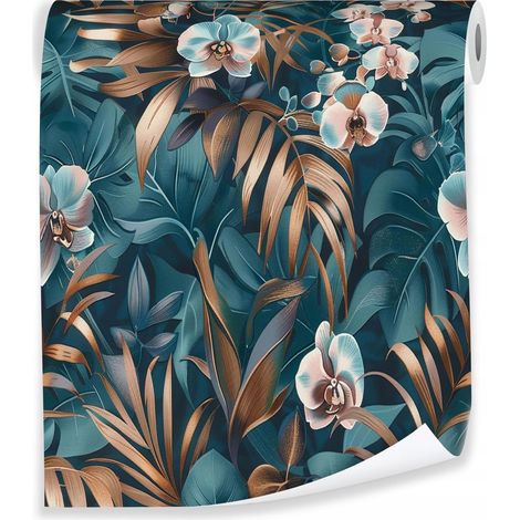 Papier peint avec des feuilles et des fleurs tropicales sur papier pour la décoration murale du salon – rouleau 0,5 x 10 m, intissé Wallarena