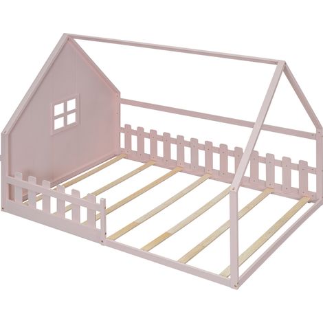 Cama cabaña infantil 140 x 200 cm de pino y MDF, rosa, con barrera, HOMVRA (1/5)