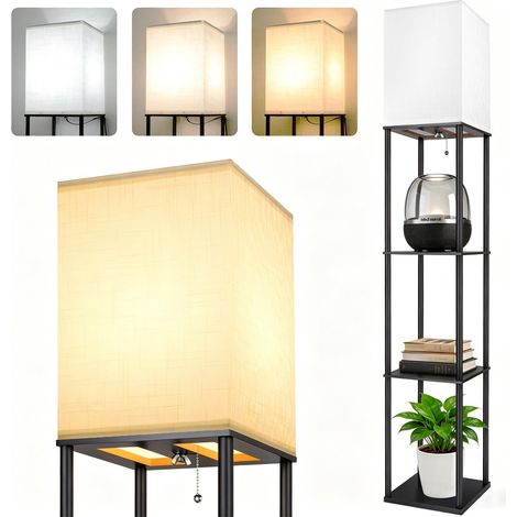 Lampadaire LED avec Étagère, Lampadaire Moderne à 3 Niveaux en Bois et Métal, 3 Températures de Couleur, Abat-jour en Lin, Lampe sur Pied avec Rangement pour Salon, Chambre et Bureau, Noir (1/5)