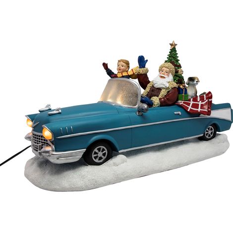LED Weihnachts Szene "Weihnachtsmann im Oldtimer" blau - 38 cm / Netzteil - Tisch Deko mit Sound Bewegung und bunter Beleuchtung