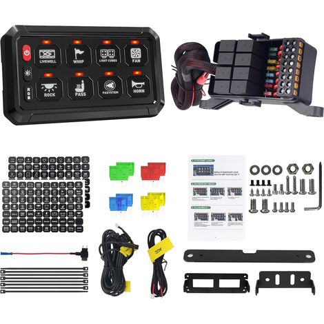 8 Gang Panneau de commutation interrupteurs avec boîtier relais et fusible, panneau de commutation RVB multifonction, étanche, 5 niveaux de luminosité, 3 boutons en silicone (1/5)