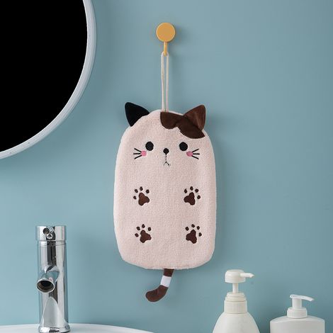 asciugamano super assorbente da appendere, ricamato a forma di gatto, per la casa, a doppio uso, in velluto corallo, per il bagno (rosa) (1/4)