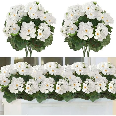 NICOLA 2 Künstliche Geranien für den Außenbereich, realistische künstliche Blumen und Grünpflanzen zur Dekoration, Weiß, 35 cm