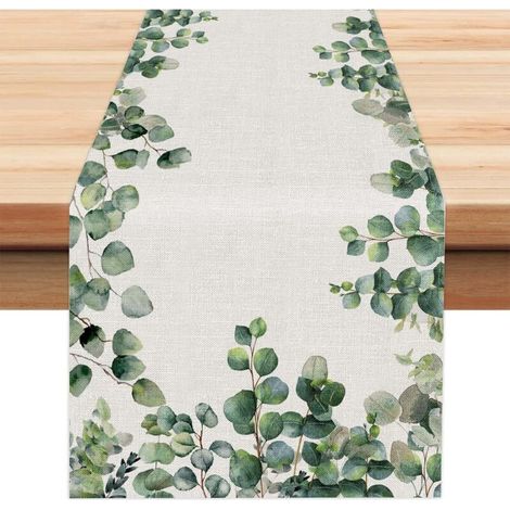 Chemin de Table Vert Eucalyptus Feuilles Printemps Été Décoration de Table Lin Vintage Lavable Printemps Été Cuisine Table Décoration Intérieur Vacances Décor de fête 40 x 140 cm (1/4)