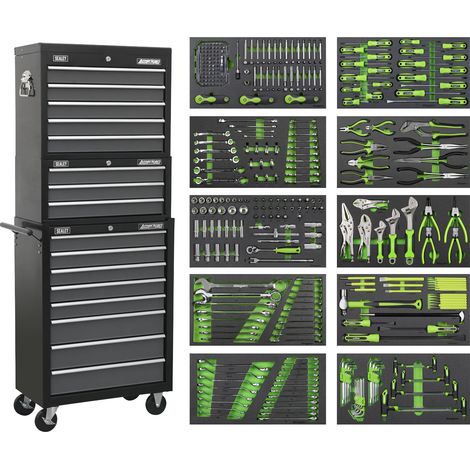 Sealey AP35TBCOMBO Tool Chest Combination 16 Drawer with Ball-Bearing Slides - Black/Grey & 398pc Tool Kit
