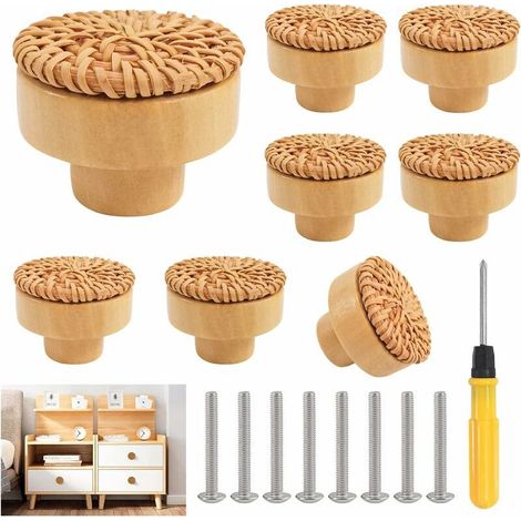 8 Pièces Bouton Cuisine de Placard En Rotin PoignéE de Meuble Cuisine Boutons de Porte Meuble Tiroir Placard, Tiroir Enbois Ronds Pour Cusine Chambre Commode Placard Porte Remplacement (1/5)