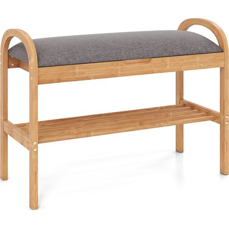 Banc à chaussures gris en bambou à 2 niveaux avec coussin et rangement caché pour entrée, couloir et chambre