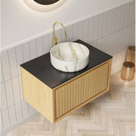 Mobile bagno sospeso con lavabo in ceramica bianca e top in pietra sinterizzata nera (1/5)