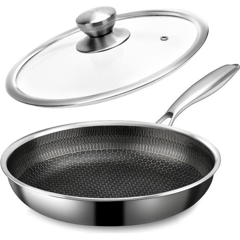 Poêle à frire en acier inoxydable avec couvercle - Poêle antiadhésive de 28 cm avec couvercle, poêle à omelette en acier inoxydable alvéolée, poêle de chef (1/5)