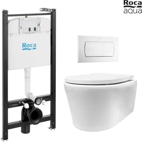 Pack Bastidor ROCA Active Cisterna Empotrada y Pulsador Blanco Brillo + Inodoro Suspendido Rimless LIA Soft-Close de AzulBath (1/5)