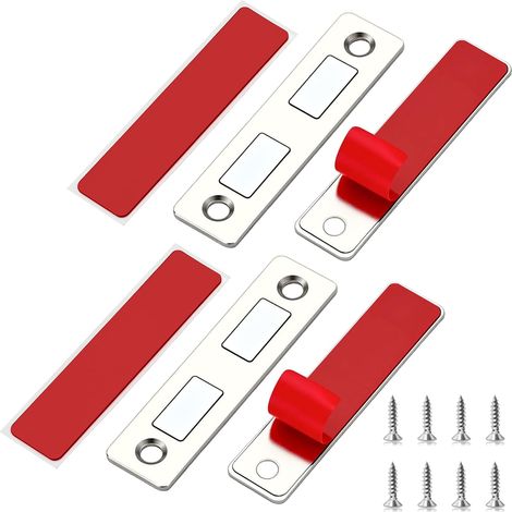 Loquet magnétique de porte, lot de 2 aimants adhésifs pour placards et tiroirs, argenté Loquet magnétique ultra-fin et résistant pour placards et tiroirs, en acier inoxydable, facile à installer (1/5)