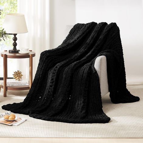 Couverture tricotée épaisse noire (130 x 160 cm), en fil chenille doux, faite à la main, couverture en crochet douillette pour canapé, lit et décoration d'intérieur (1/5)