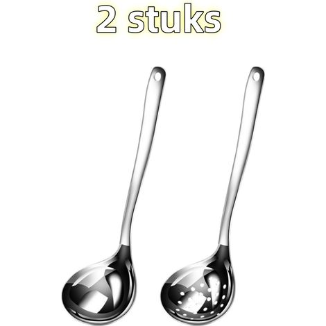 Ensemble 2 pièces - Louche à soupe - Passoire - Acier inoxydable (inox) - Idéal pour la fondue, usage domestique, service de soupes et de porridges - Argenté (1/5)