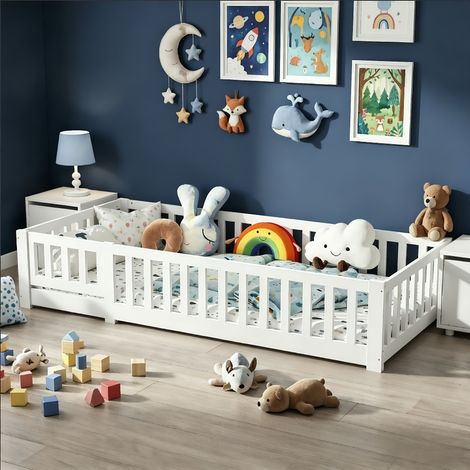 Lit Enfant 90 x 200 cm — Lit au Sol Enfant avec Barrières de Sécurité et Porte — Lit Montessori en Bois de Pin Blanc