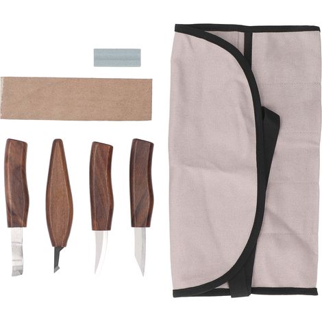 Set aus 4 Holzschnitzwerkzeugen mit Schleifstein, Abziehriemen und Walnussholzgriff, ideal für Holzbearbeitungsprojekte. (1/5)