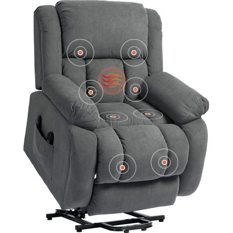 Sillón reclinable eléctrico con masaje y calefacción, reposapiés, respaldo reclinable, mando a distancia y bolsillo lateral.