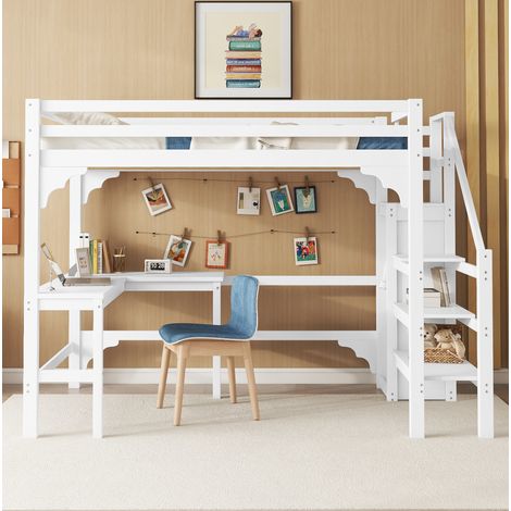 Letto a soppalco in legno di pino e MDF bianco 140x200 cm con scrivania a L, armadio aperto e scala contenitore (1/4)