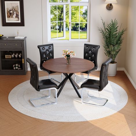 Ensemble de salle à manger avec table ronde en bois extensible et 4 chaises de salle à manger noires, ensemble de cuisine gain de place en simili cuir avec capitonnage boutonné et structure porte-à-fa