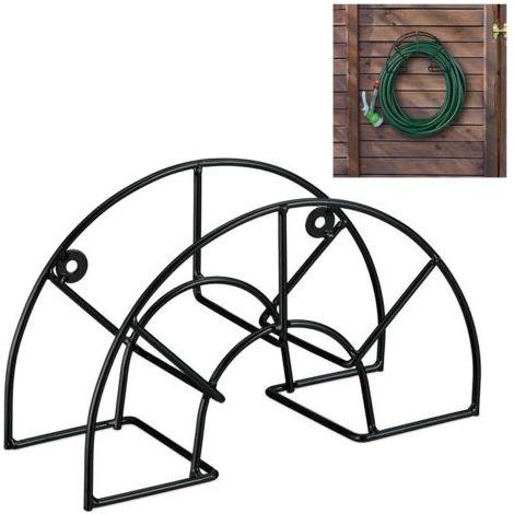 Support tuyau d’arrosage, pour 45 m & 5/8", enrouleur, dévidoir, acier, montage mural, rond, jardin, noir (1/5)