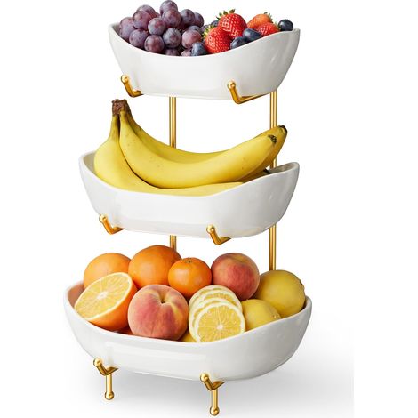 Corbeille à fruits en céramique pour comptoir de cuisine – Corbeille à fruits à 3 étages avec support en métal doré, support à fruits pour collations, noix, gâteaux, desserts, pain, bonbons (1/5)