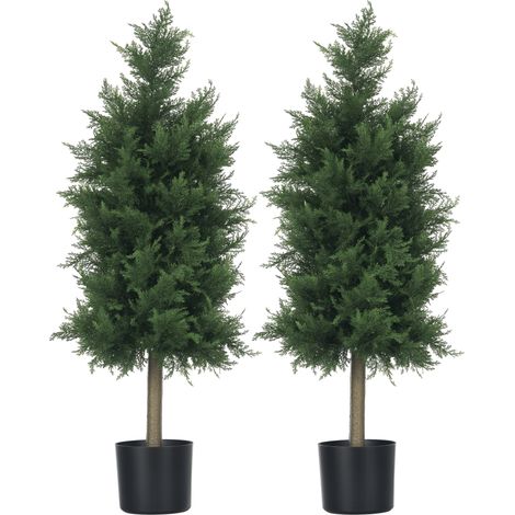 Juego de 2 plantas artificiales de cedro en macetas de plástico PP, plantas artificiales de acero y cemento con hojas de PE, 38x12,5x90cm, verde