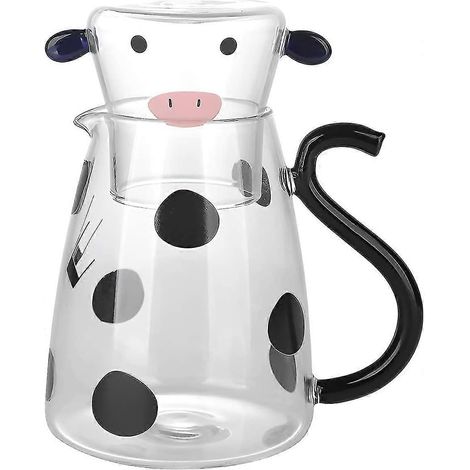 Pichet en verre avec tasse intégrée, 500 ml, bec verseur en forme de V, résistant à la chaleur, joli motif vache, transparent, portable, tout en un.